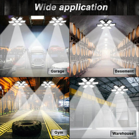 Two Pack 200W LED Garage Lights Ultra Bright 20000LM 6500K Shop Ceiling Lights with Six Plus One Deformable Panels in use