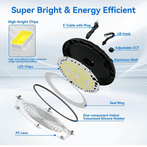 High Bay LED Light 200W 30000 Lumens Shop Lighting Two Color Temperature 4000K And 5000K IP65 Waterproof UL ETL Listed Non Dimmable 120V With 5 Foot US Plug Cable And Safety Rope Pack Of 10 shown with components and features