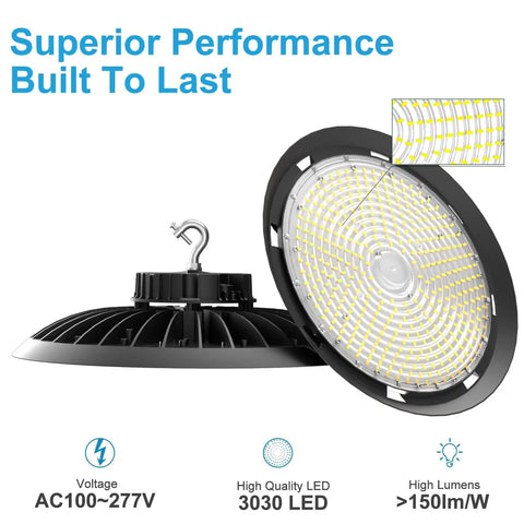 Ultra Bright LED Warehouse High Bay Light 300W UFO Shop Light 45000 Lumens, 100-277V, showing light layout and build quality
