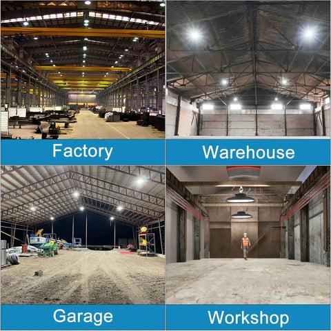 Installation examples of Ultra Bright LED Warehouse High Bay Light 300W UFO Shop Light 45000 Lumens in factory, warehouse, garage, workshop