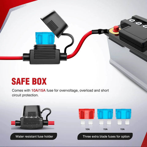 Image of water-resistant fuse holder with blade fuses alongside 12V battery for Dual Output LED Light Bar Wiring Harness Kit For 12V Systems On Off Power Relay 5 Pin Rocker Switch Blade Fuse Protection 12 Ft Extendable Harness Powers Two Light Heads Built For Jeeps Boats And Trucks 2 Year Warranty