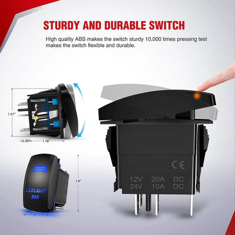 Close-up of sturdy and durable switch for Dual Output LED Light Bar Wiring Harness Kit for 12V systems with rocker switch.
