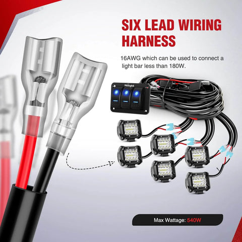 12V LED Light Bar Wiring Harness Kit with 3 Gang Rocker Switch Panel and inline fuse system, black 16AWG wire, shown coiled with connectors.