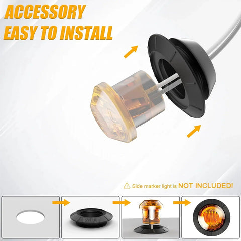 These 3/4 inch round rubber grommets with a waterproof gasket create a tight, weatherproof seal between LED light housings and mounting surfaces, ideal for automotive, trailer, marine, and outdoor LED fixtures in a 50-pack, shown during installation.