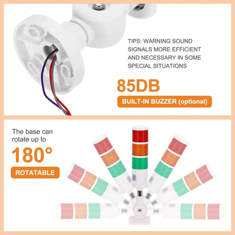 2 Layer Led Warning Light Tower With Loud Buzzer For Industrial Machinery 12 To 24 Volt 10 Amp Column Signal Tower With Steady Light Four Wire White By Patikil showing 85dB buzzer and 180-degree rotation.