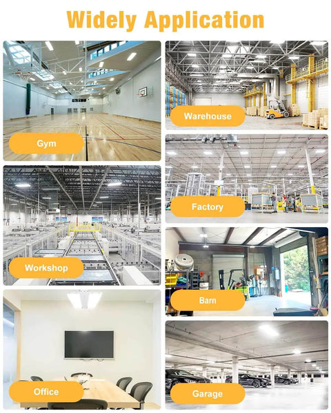 Image showing applications of Ultra Bright 210W LED Linear High Bay Light in gyms, warehouses, factories, workshops, barns, offices, and garages.