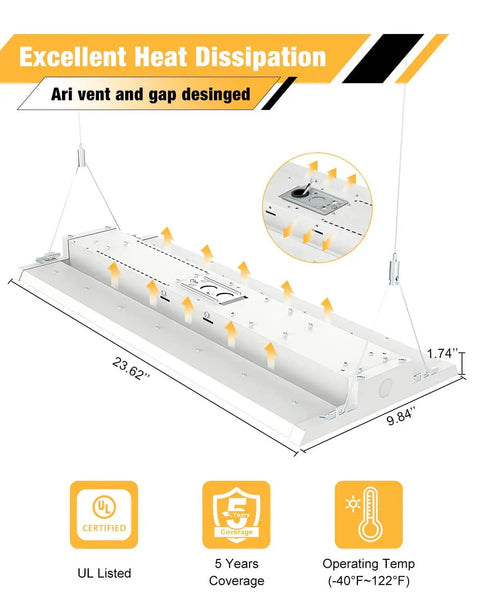 Ultra Bright 210W LED Linear High Bay Light Delivers 31500 Lumens For Industrial Shops Warehouses And Garages 120 277V UL Listed White Four Pack JC-LGL with heat dissipation features