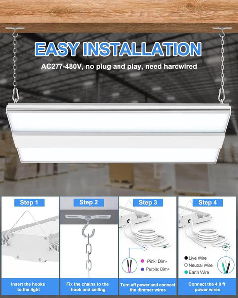Installation guide for Seriously Bright 480V 300W LED Linear High Bay Light in warehouse with wiring steps shown.