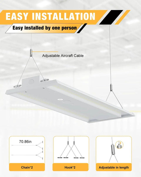 Ultra Bright 210W LED Linear High Bay Light Delivers 31500 Lumens For Industrial Shops Warehouses And Garages 120 277V UL Listed White Four Pack JC-LGL installation view