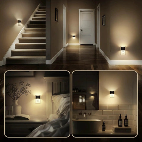 Two Pack Led Night Light Plug In With Dusk To Dawn Sensor Three Level Brightness 30 60 100 Lum Warm White 3000K installed indoors