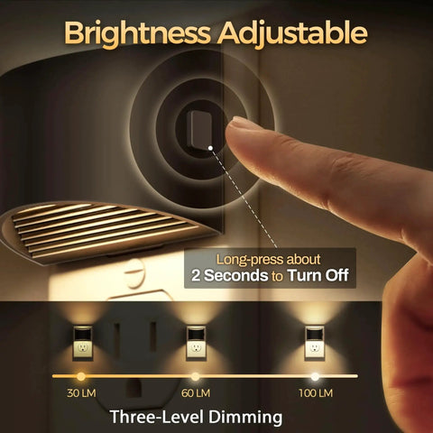 Close-up of a finger adjusting brightness on a Two Pack Led Night Light Plug In With Dusk To Dawn Sensor Three Level Brightness 30 60 100 Lum