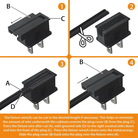 Installation instructions for Wired LED Puck Lights For Cabinets 120V Plug In Lighting, showing plug wiring steps.