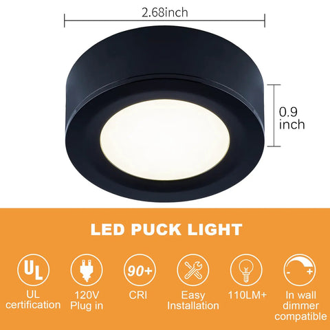 Wired LED Puck Lights For Cabinets 120V Plug In Lighting Warm White Surface Or Recess Mount Black Finish 2.7W Each