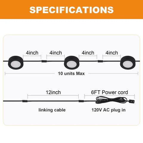 Specifications diagram for Wired LED Puck Lights For Cabinets 120V Plug In Lighting Warm White Surface Or Recess Mount Black Finish 2.7W Each