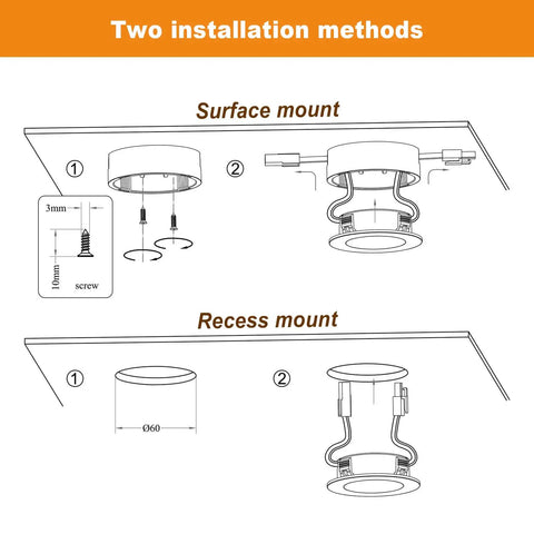 Diagram showing two installation methods for Wired LED Puck Lights For Cabinets 120V Plug In Lighting Warm White Surface Or Recess Mount.