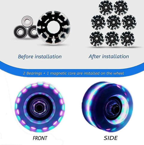 Light Up Roller Skate Wheels 8 Pack With 78A Hardness And Premium ABEC-9 Bearings, featuring LED illumination, shown in front and side views.