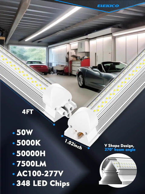 Six Pack 50W 4Ft LED Shop Lights With 7500 Lumens 5000K V Shape Lighting installed in garage workshop.