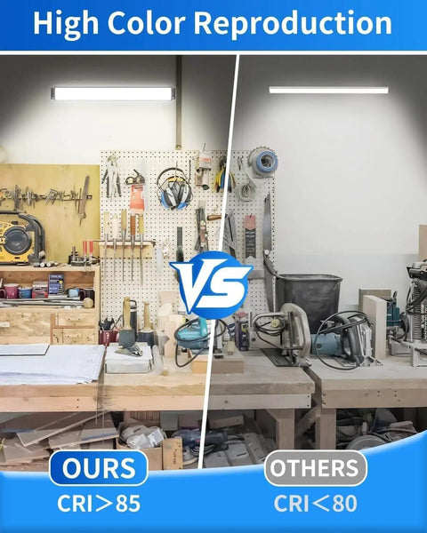 Comparison of IP66 Waterproof 45W LED Shop Light With 5400 Lumens At 6000K Daylight White 6 Foot Power Cord And Built In Switch Plug In Work Light For Garage Workshop Warehouse Basement Or Yard Energy Saving Up To 80 Percent 2 Pack THECHAM versus a standard light in a workspace.