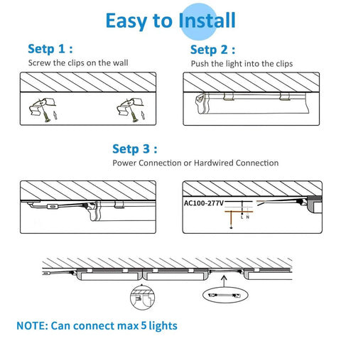 Installation guide for Pack Of 4 Linkable LED Shop Lights For Garage And Basement 6 Foot Long 60W T8 Integrated Ceiling Light