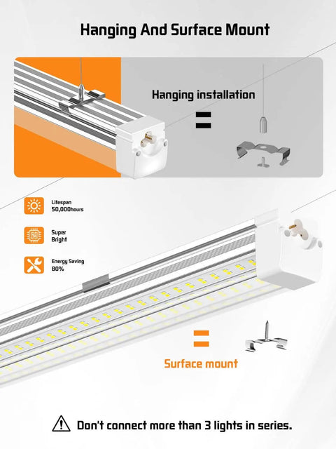 Hanging and surface mount instructions for Ultra Bright 8 Foot LED Shop Light Fixture Kit With 100W Power 15000 Lumens 5000K Daylight For Garage Workshop And Warehouse Hang Or Surface Mount V Shape Four Row Design OnlyLux 10 Pack
