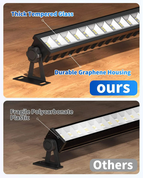 Comparative view of two LED shop lights emphasizing thick tempered glass and durable graphene housing in 'ours' vs fragile plastic in 'others'.
