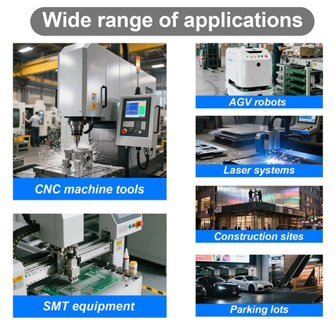 Collage showing 24V DC AC Three Color LED Signal Tower Indicator Go To All In One Single Layer Warning Light applications in industrial settings such as CNC machine tools, AGV robots, and SMT equipment.
