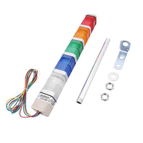 Industrial LED Signal Light Tower 110V AC With Continuous Light No Buzzer Red Yellow Green Blue White Stack Light LTA 402T5 Baomain Durable Metal Plastic Electronic Construction 14.7 Inch Length 19.5 Inch Cable Mounting Bracket Included