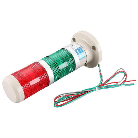 Industrial Signal Light Tower LED 24V DC Red And Green Steady Light LTP502T with wires and mounting holes, side view.