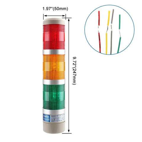 Front view of Industrial Signal Light Tower LED Indicator LTA-502T Baomain, showing three-color tiers with dimensions and wiring details.