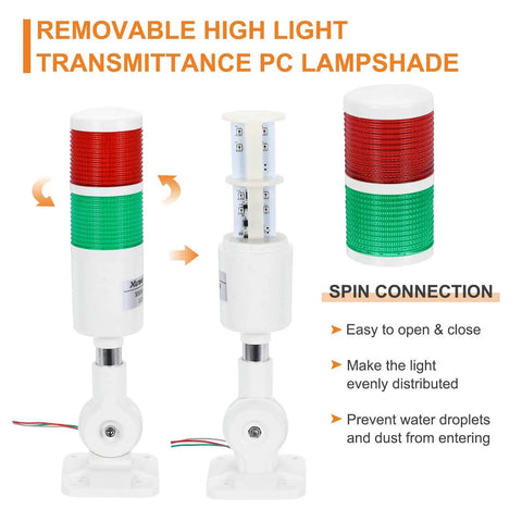 2 Layer LED Signal Warning Light Tower with removable PC lampshade, shown from side view and close-up, durable housing.