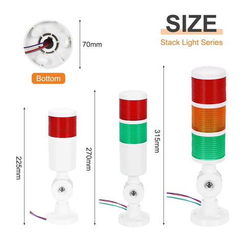 Three sizes of 1 Layer LED Signal Warning Light Tower With Buzzer 12-24V 10A for industrial machinery, showing height measurements.