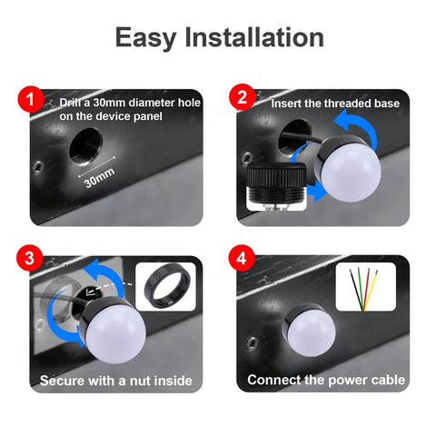 Easy installation guide for 24V DC AC Three Color LED Signal Tower Indicator showing step-by-step mounting in 30mm holes.