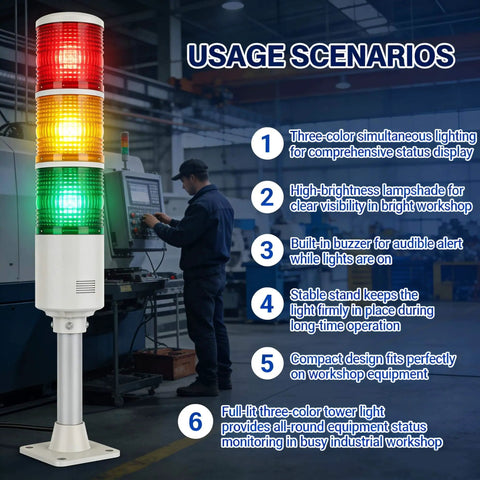 Industrial LED Andon Tower Lights Four Stack Signal Tower With Red Yellow Green LEDs IP65 Plug And Play Factory Ready For Use Wide Voltage Range And 360 Degree Visibility installed in workshop environment