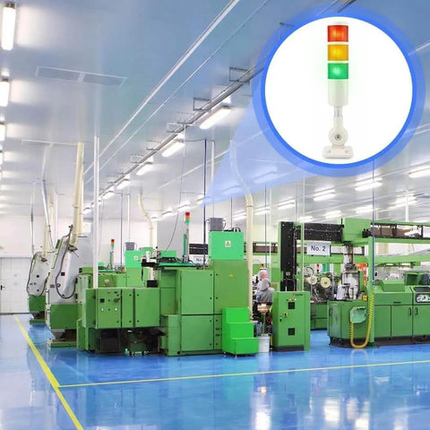 Industrial 3 Layer LED Signal Tower With Rotatable Base And Buzzer Alarm Msiud, 12 To 24V DC, shown in production line setting