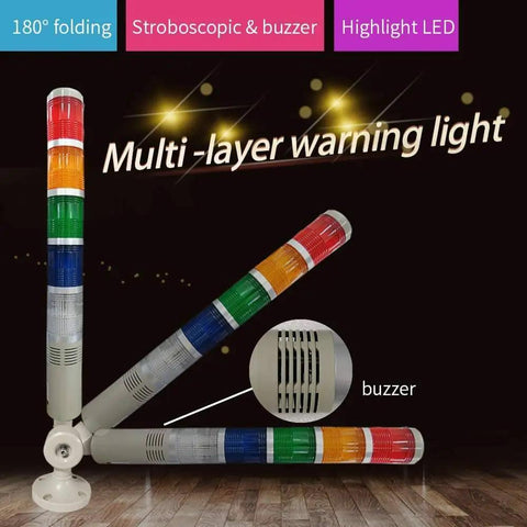Five Stack LED Signal Tower Light With 85dB Buzzer And 180 Degree Rotatable Base For CNC And Factory Automation, 24V DC