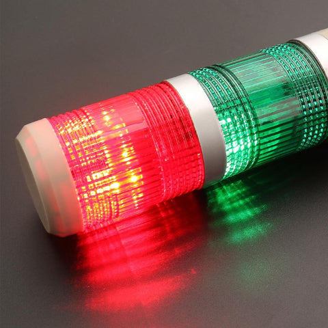 Industrial Signal Light Tower LED 24V DC Red And Green Steady Light LTP502T, high visibility for machinery, close-up view.