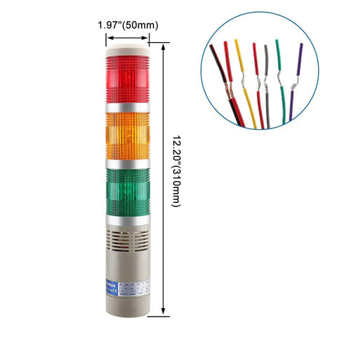 Industrial Signal Tower Light 110V AC LED Stack Light With Red Yellow Green LEDs And Buzzer Alarm Round Indicator Beacon For Factory Equipment LTA 502WJ with dimensions and wiring details.