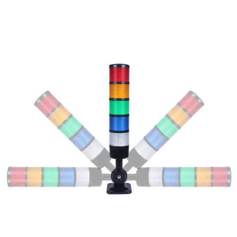Industrial LED Signal Tower Lights with Rotatable Base and 5 Tier Stack Lamps, 110V 220V AC, steady or flashing modes, black finish