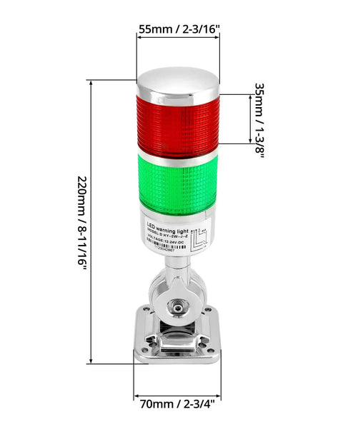 Front view of Industrial 12-24V LED Stack Tower Light With Buzzer, 2-Stage Beacons, 360 Degree Prism Lens, IP54 NEMA 5 Rated.