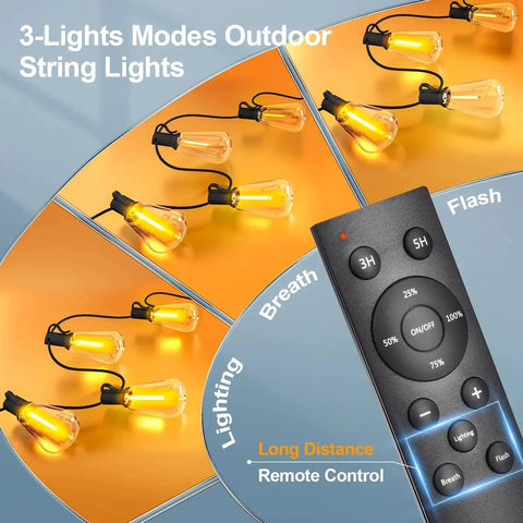 Brighten patios and yards with 100 ft weatherproof LED string lights, 37 ST38 bulbs, a warm 2700K glow, remote dimming control