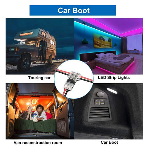 Car boot with 65.6ft 22 AWG LED Extension Cable With 12 Piece 3 Way T Tap Wire Connectors for low voltage LED strip lighting