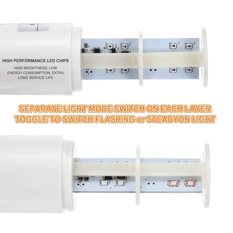 Close-up of 2 Layer LED Signal Warning Light Tower with internal LED components and separate light mode switch for factory use
