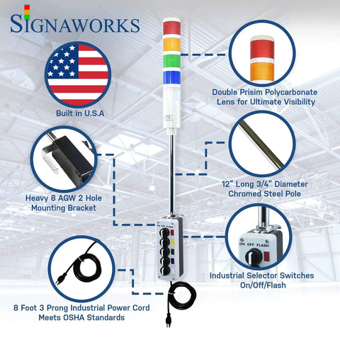 Five Stack LED Andon Tower Light With 8 Foot Industrial Power Cord And Three Position On Off Flash Red Amber Green Blue White LEDs Plug And Play Ready Indoor Industrial Grade OSHA Compliant Includes Switch Box Pole And Lights