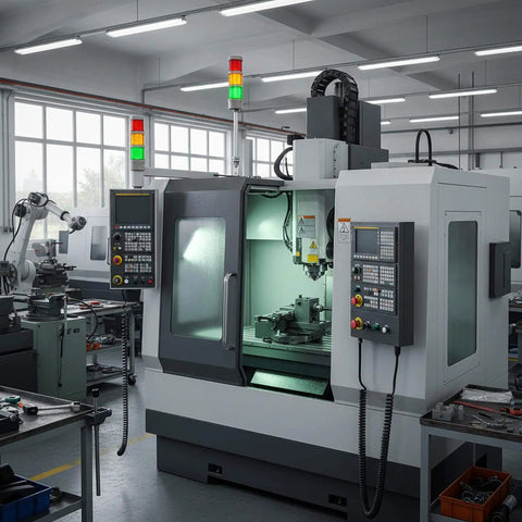 Industrial machine with Three Stack LED Andon Tower Signal Light for industrial workstations, red yellow green lights visible