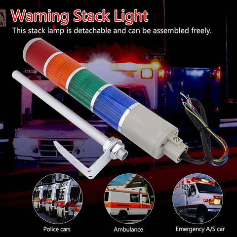4 Layer LED Tower Light Industrial Warning Signal With Holder Red Green Yellow Blue Indicators For Factory Automation 110V AC 20W Energy Efficient ABS Housing Heavy Duty Detachable Design on display with police and ambulance vehicles in the background.
