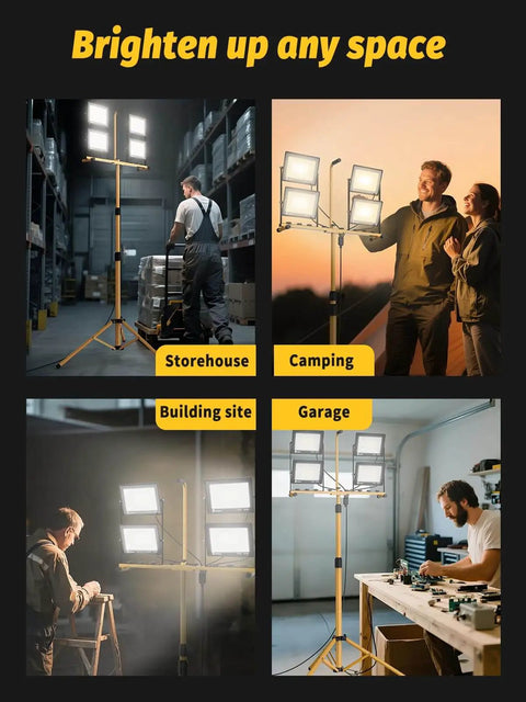 Ultra Bright 32000 Lumen LED Work Light With Stand And Remote, Four Head 280W Portable Tripod Light in various settings