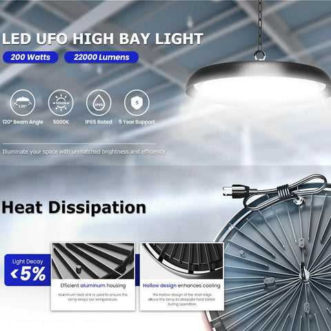Eight Pack 200W LED High Bay Light UFO Style With 30000 Lumen 6000K Daylight 2000W Equivalent, showing design and features