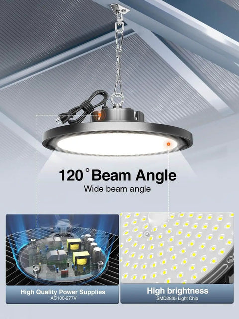 Crazy Bright 250W UFO LED High Bay Light 35000LM 5000K Eight Pack Shop Lighting with 5ft Cable Hanging Hook shown installed