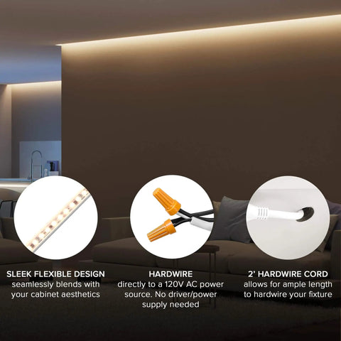 96 Inch Hardwired LED Under Cabinet Strip Light With 3680 Lumens At 3000K Warm White, 120V installation view in living room