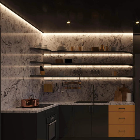 96 Inch Hardwired LED Under Cabinet Strip Light With 3680 Lumens At 3000K Warm White, illuminating modern kitchen area